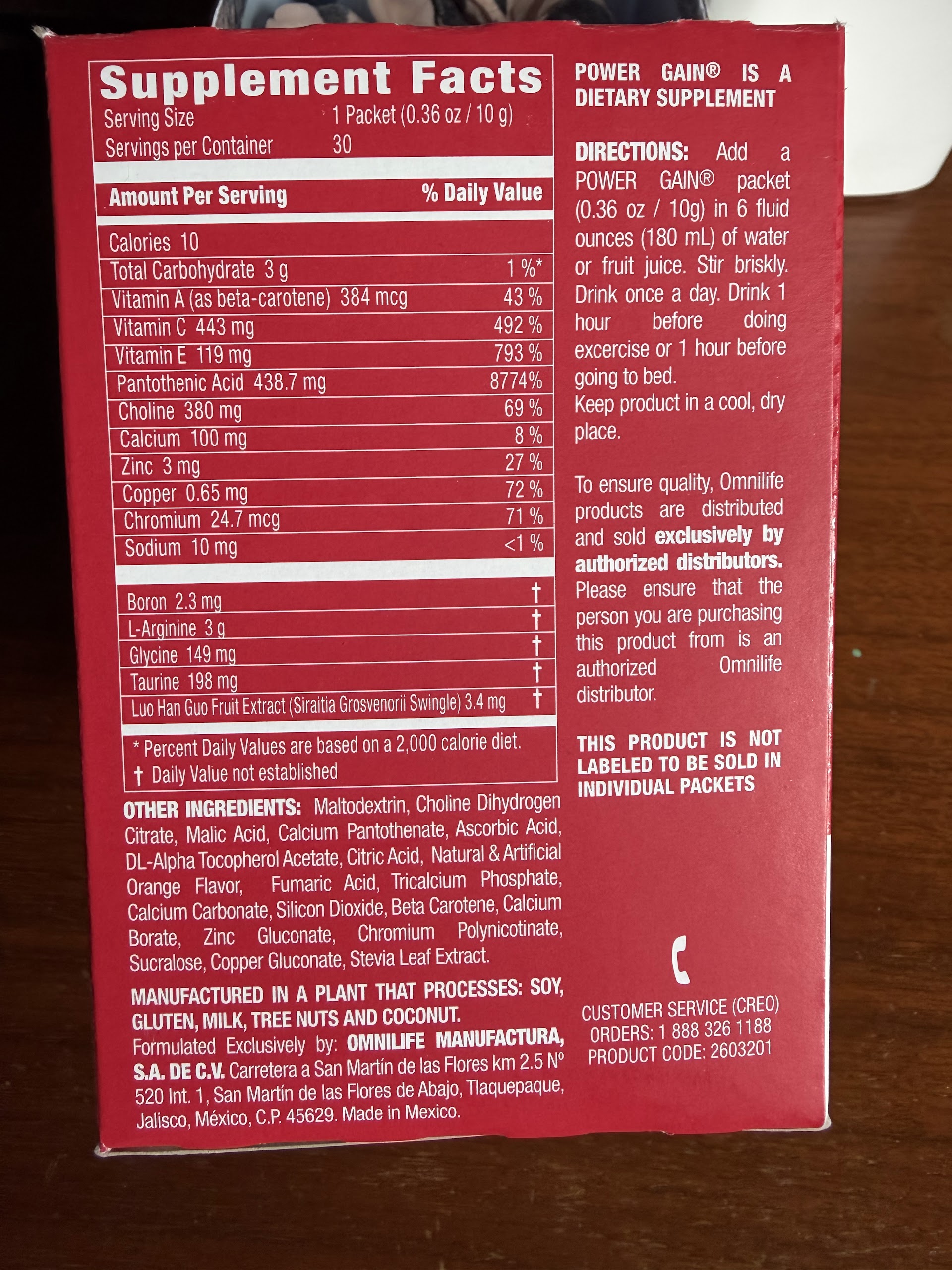 Panel posterior de POWER GAIN USA con Supplement Facts, otros ingredientes e instrucciones