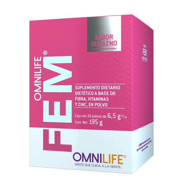 Foto oficial de OMNILIFE Fem en Argentina: caja con 30 sobres. Contenido neto 195 g, código 1409621.