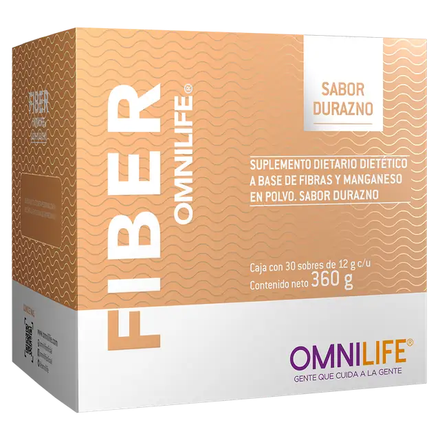 Foto oficial de Fiber OMNILIFE en Argentina: caja con 30 sobres. Contenido neto 360 g, código 1502208.