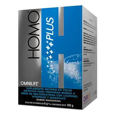 Foto oficial de Homo Plus en Argentina: caja c/30 sachets 180g, código 1729752.