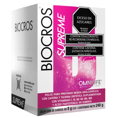 Foto oficial de Biocros Supreme en Argentina: caja c/30 sobres 405g, código 2075722.