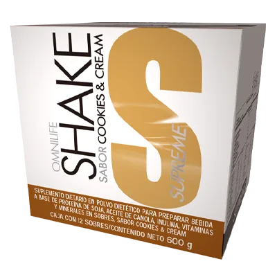 Foto oficial de Omnilife Shake Supreme en Argentina: caja c/12 sobres 600g, código 7170943.