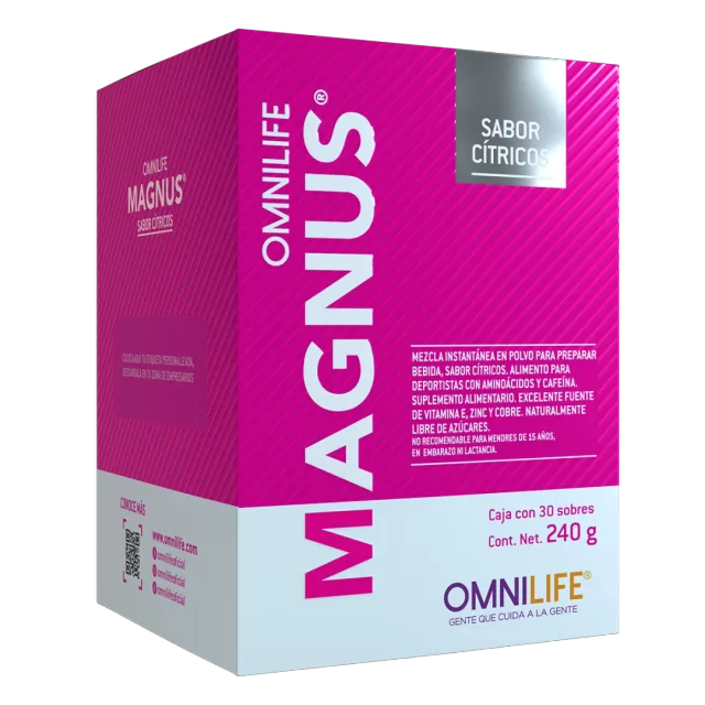 Foto oficial de Magnus en Chile: caja con 30 sobres. Contenido neto 240 g, código 2005722.