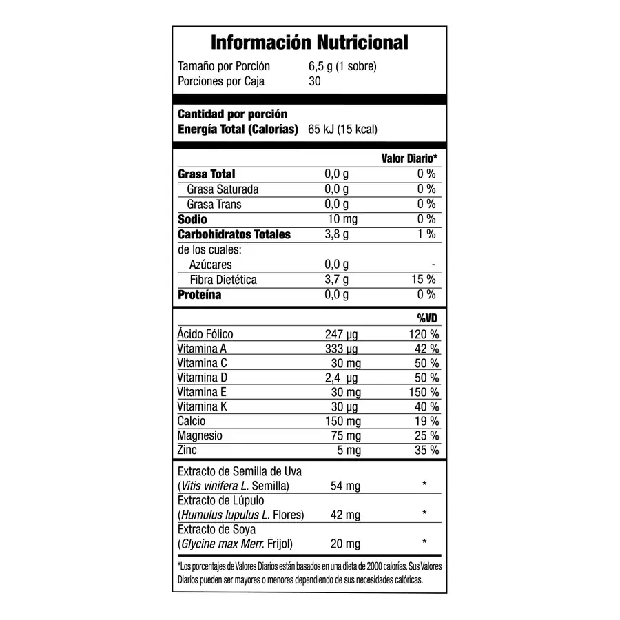 Tabla nutrimental de Omnilife Fem, código Ecuador 1409621, imagen 1.