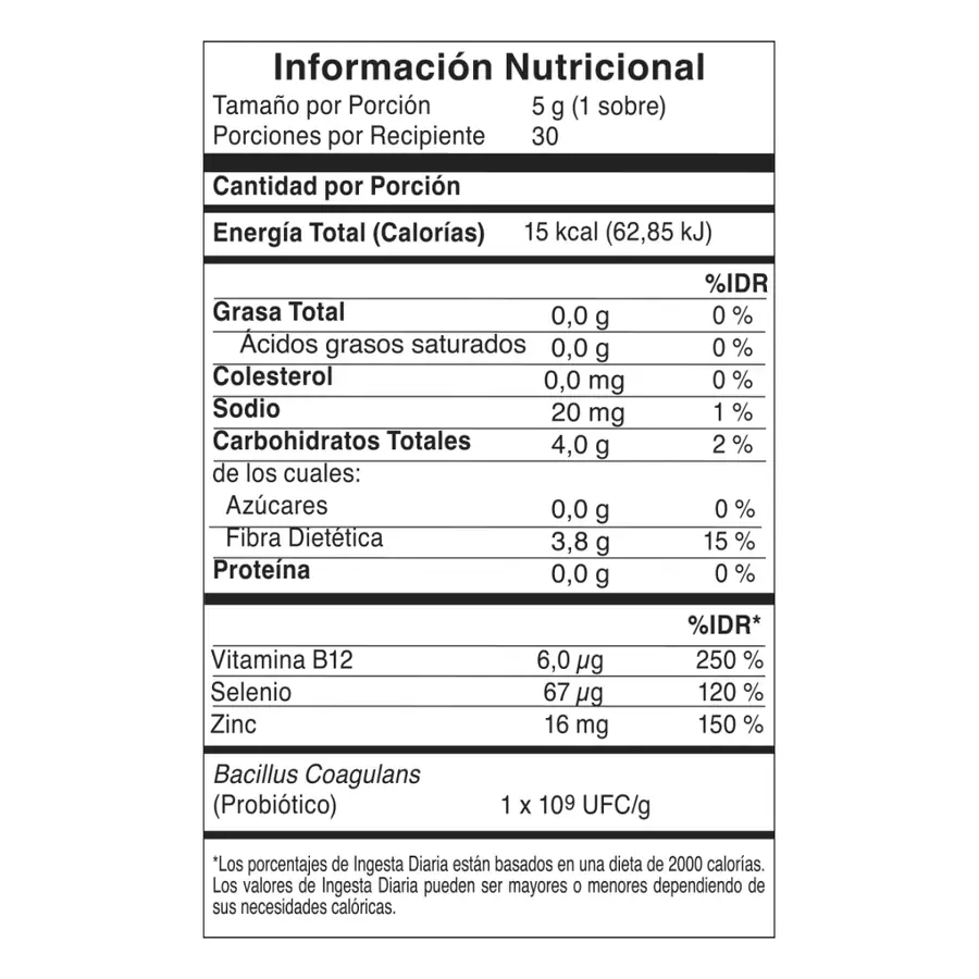 Tabla nutrimental de Omnilife Probiotic, código Ecuador 6724761, imagen 2.