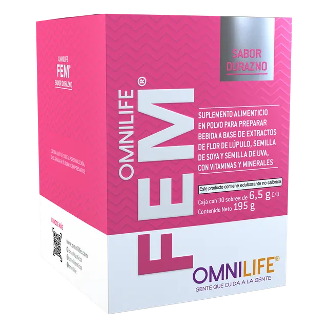 Foto oficial de Omnilife Fem en Ecuador: caja con 30 sobres. Contenido neto 195 g, código 1409621.