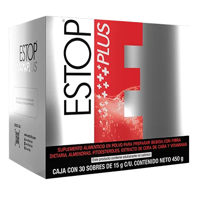 Foto oficial de Estop Plus en Ecuador: caja c/30 sobres 450g, código 1675700.