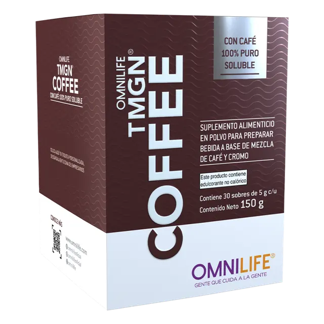 Foto oficial de OMNILIFE TMGN Coffee en Ecuador: caja con 30 sobres, código 3304732.