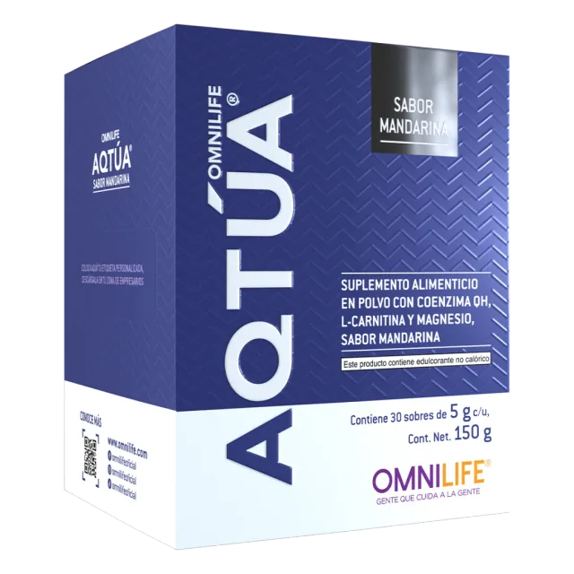 Foto oficial de OMNILIFE Aqtúa en Ecuador: caja con 30 sobres. Contenido neto 150 g, código 3905934.