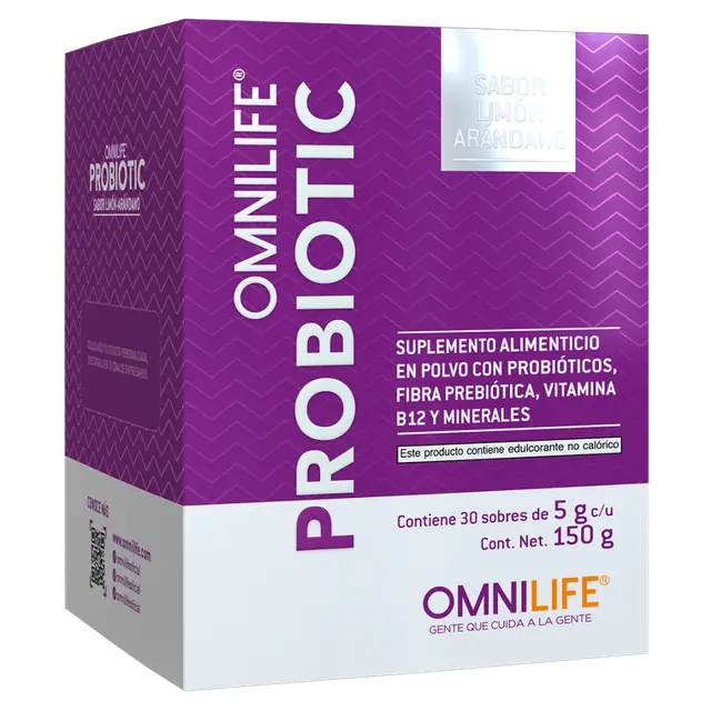 Foto oficial de Omnilife Probiotic en Ecuador: caja con 30 sobres. Contenido neto 150 g, código 6724761.