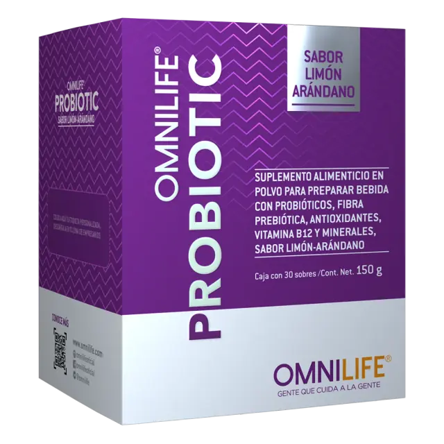 Foto oficial de Omnilife Probiotic en Guatemala: caja con 30 sobres. Contenido neto 150 g, código 6724761.