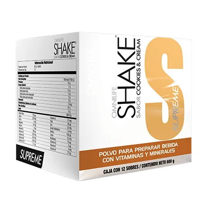 Foto oficial de Omnilife Shake Supreme en Guatemala: caja c/12 sobres 600g, código 7170943.