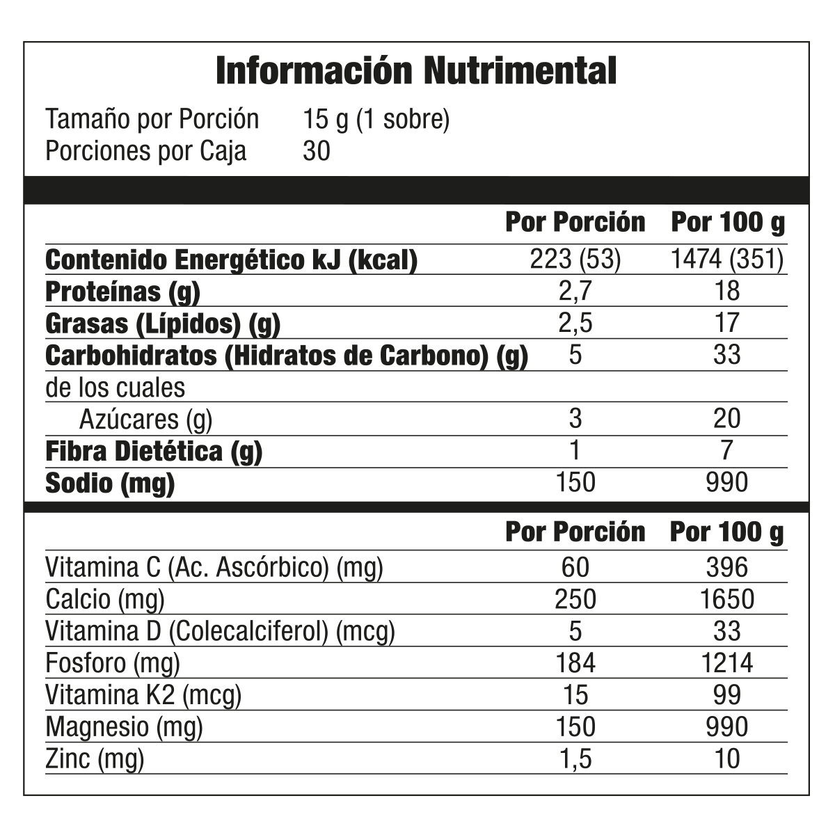 Información nutrimental publicada para Omniost Supreme, SKU 6541959