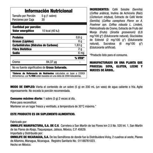 Tabla nutrimental de Cafezzino, código Nicaragua 5105932, imagen 2.