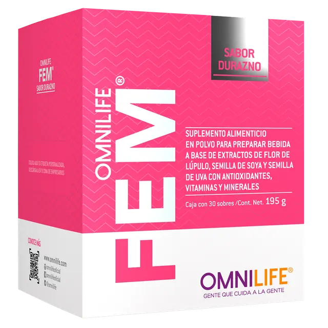 Foto oficial de OMNILIFE Fem en Nicaragua: caja con 30 sobres. Contenido neto 195 g, código 1409621.