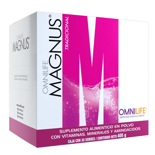 Foto oficial de Magnus en Nicaragua: caja c/30 sobres 405g, código 2023500.