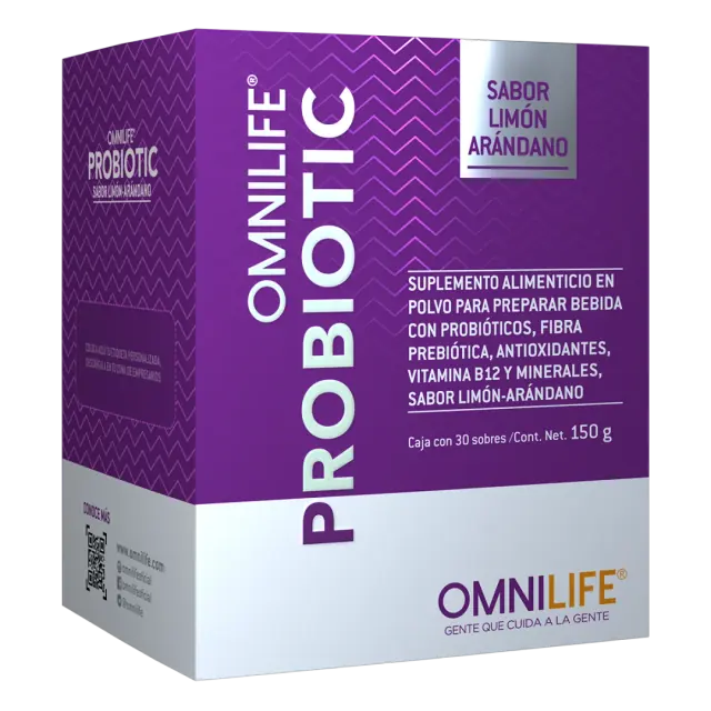 Foto oficial de Omnilife Probiotic en Nicaragua: caja con 30 sobres. Contenido neto 150 g, código 6724761.
