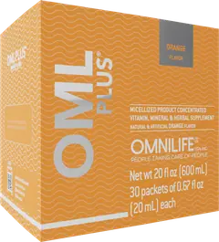 Caja de OML PLUS sabor naranja, 30 sobres y 600 mL por caja.