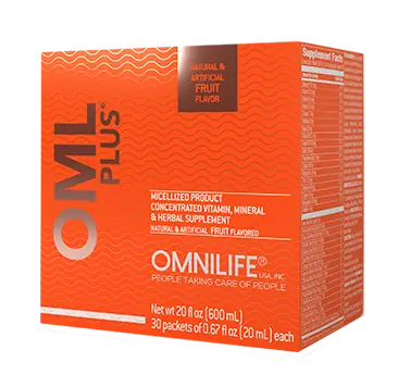 Caja de OML PLUS sabor frutas, 30 sobres y 600 mL por caja.