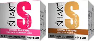 Cajas de OML Shake Supreme Fresa Silvestre y Cookies & Cream del catálogo de Estados Unidos.