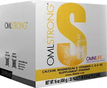 Caja de OML STRONG Supreme sabor banana con 30 sobres del catálogo de Estados Unidos.
