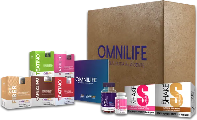 Imagen de catálogo del plan de control de peso OMNILIFE USA con los nueve productos representados.