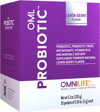 Caja de OML PROBIOTIC con 30 sobres; el frente dice Lemon-Berry flavor.