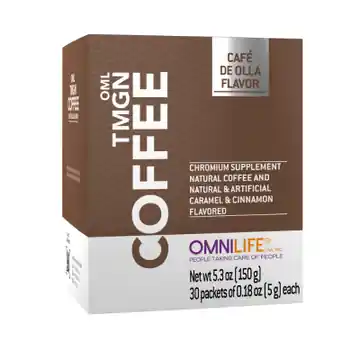 Caja de OML TMGN Coffee con 30 sobres del catálogo de Estados Unidos.